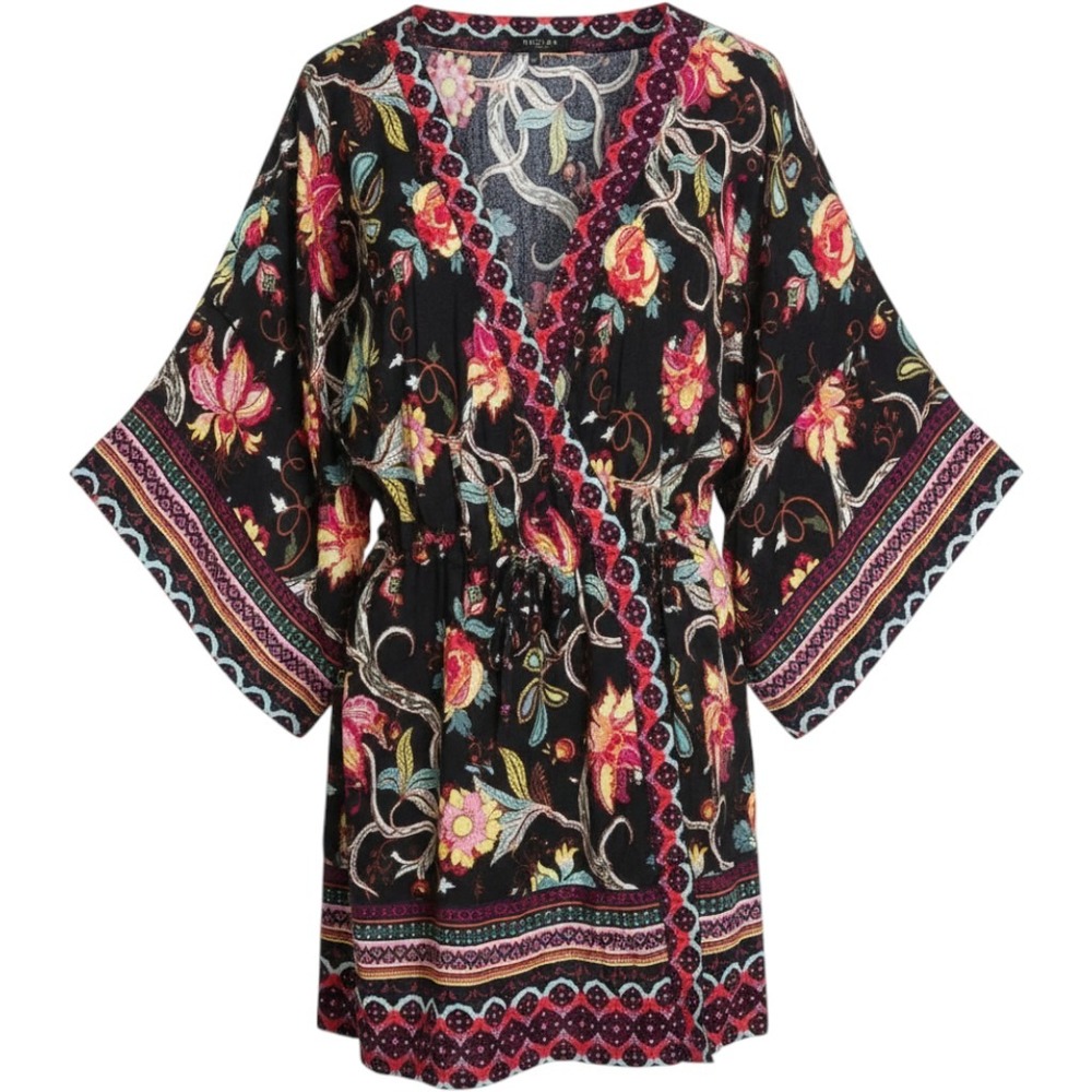 Beulah Style Bohemian Floral 100% Cotton Wrap Mini Dress / Kimono Sleeve EUC L